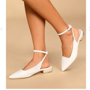 Lulus White Slingback Pearl Ankle Strap Flats - Size 8